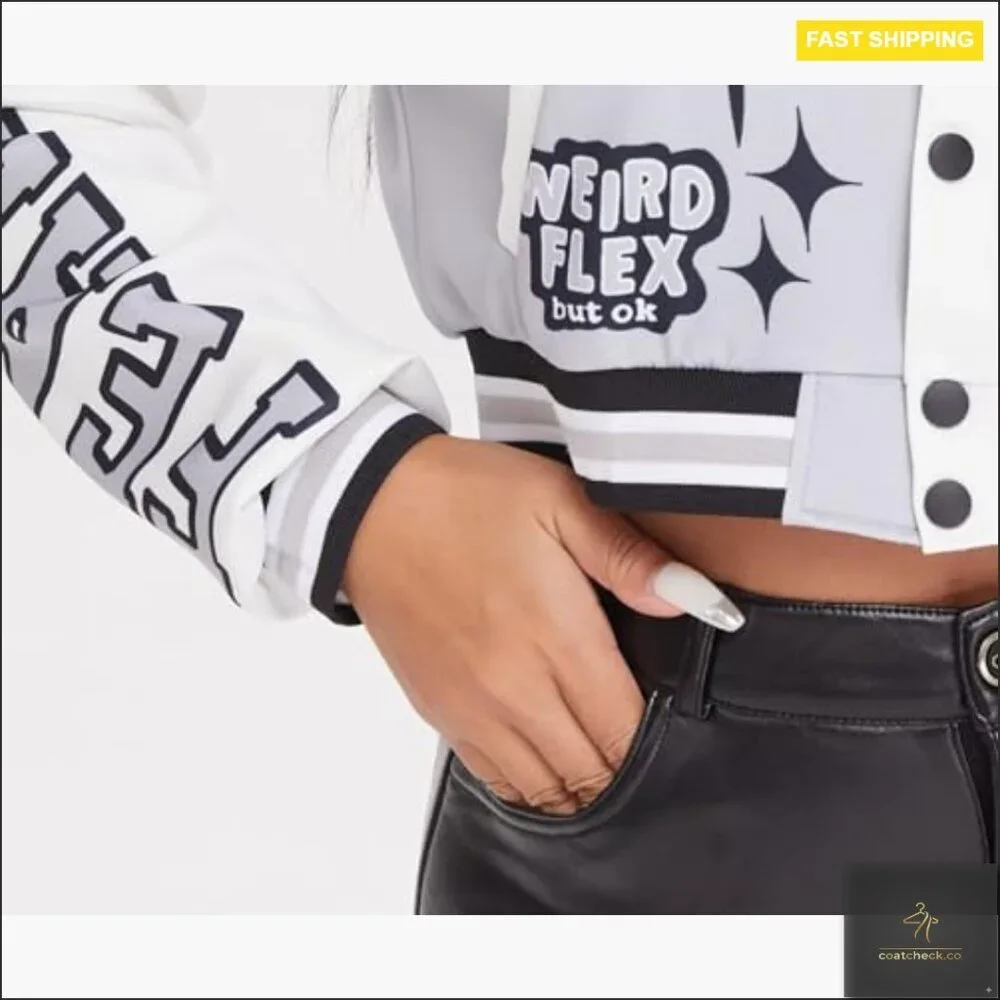 Cropped Varsity Bomber Jacket, Polyester, Fitted, Long Sleeve, Button Front - Picture 5 of 6